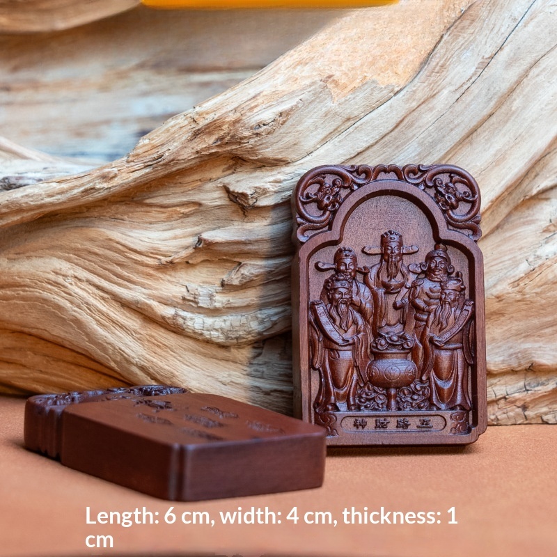Lightning strike jujube tree five gods of wealth wood carving card, wooden Amulet pendant