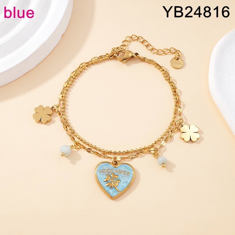 Level B Stainless Steel New Trendy Women Jewelry Two Layers Chain Drip Oil/Enamel Heart SYC Golden Bracelet