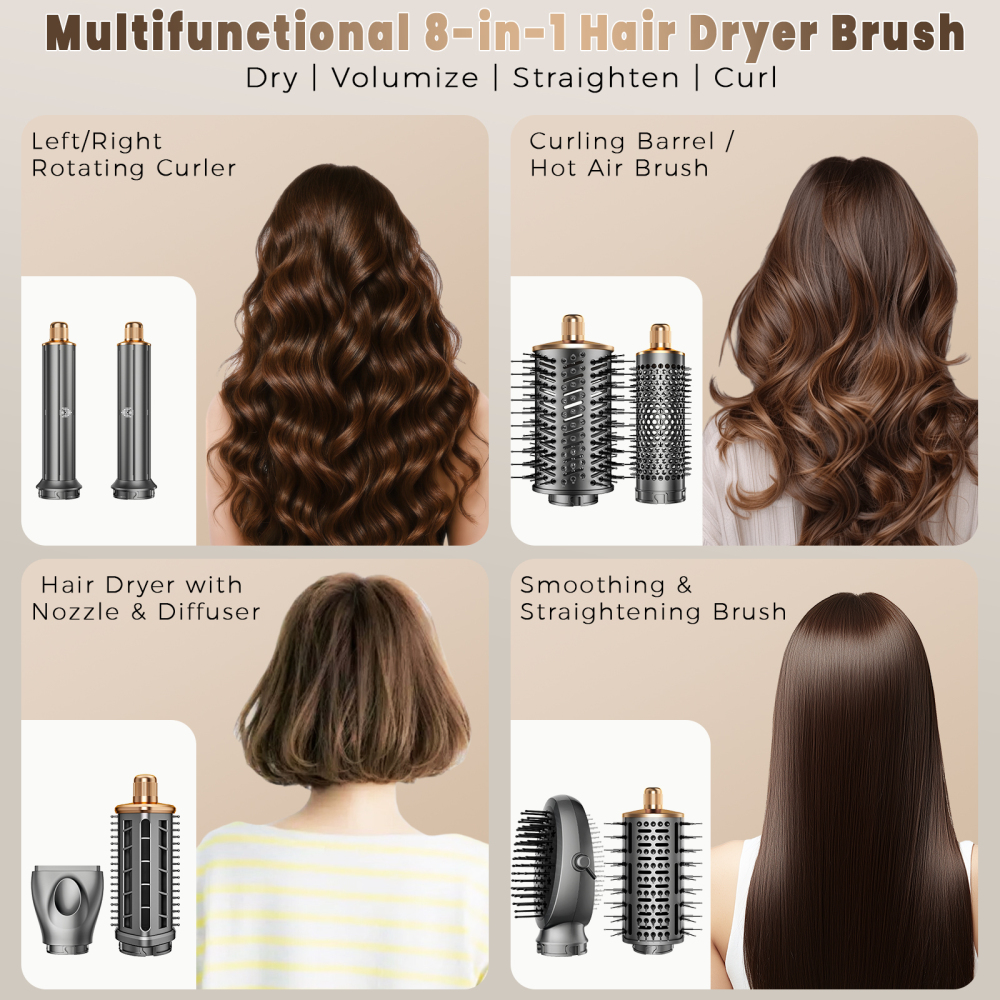 AVENHO 8 in 1 Hot Air Brush Hair Styler, High-Speed Hair Dryer Brush with Auto Wrap Curlers, Foldable Ionic Blow Dryer Brush for Fast Drying, Volumizing & Curling, Multi-Styling Tool-Silver