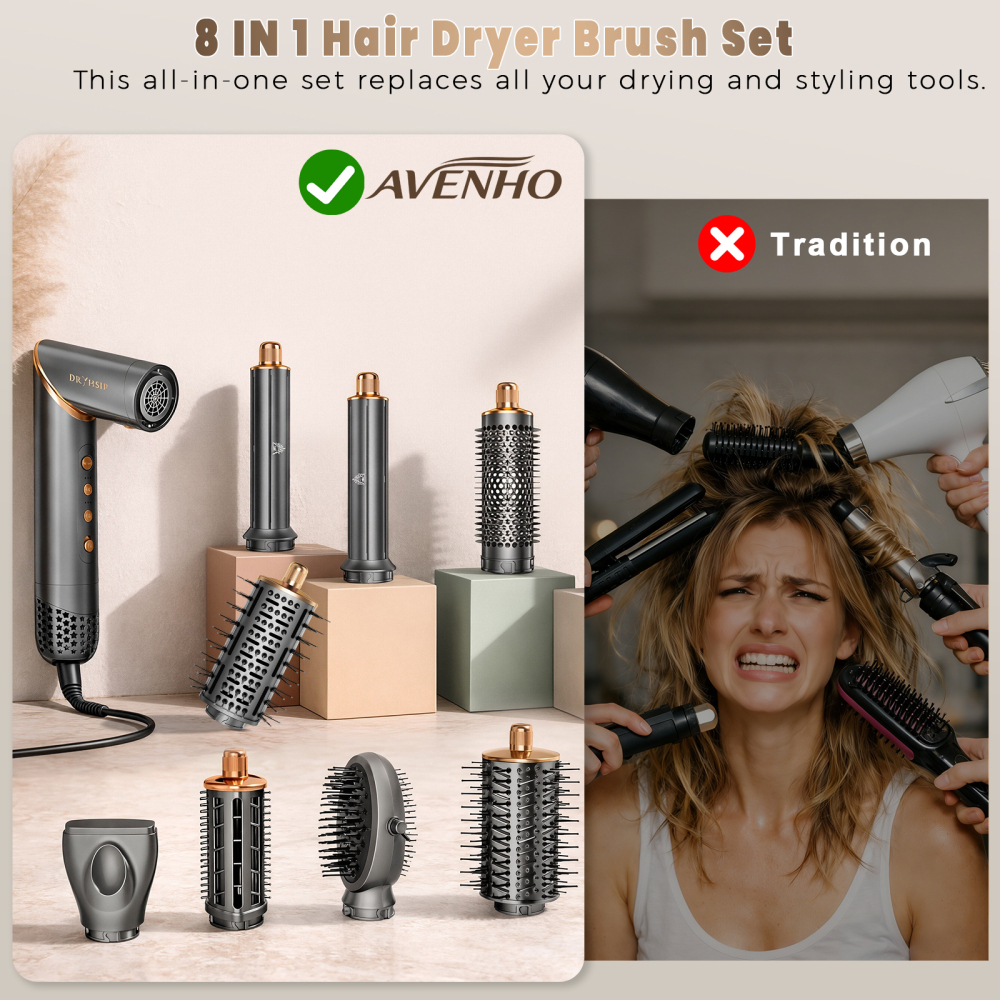 AVENHO 8 in 1 Hot Air Brush Hair Styler, High-Speed Hair Dryer Brush with Auto Wrap Curlers, Foldable Ionic Blow Dryer Brush for Fast Drying, Volumizing & Curling, Multi-Styling Tool-Silver