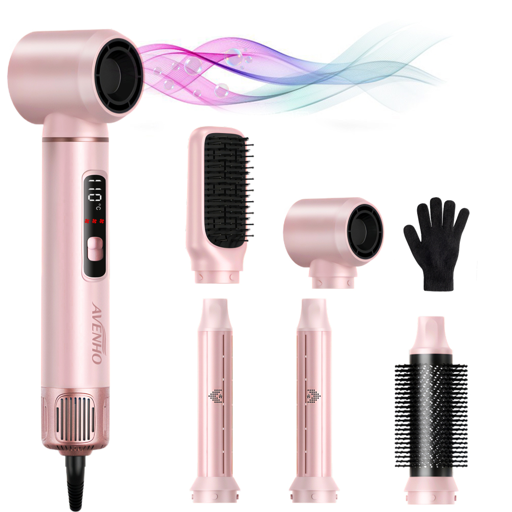 AVENHO 5 in 1 Hair Styler for Woman with LED，Air Curling Wrap, Drying, Curling, Straightening & Volumizing, Hot Air Curler Dryer Brush Tool Set, Curl Styling Tools - Rose