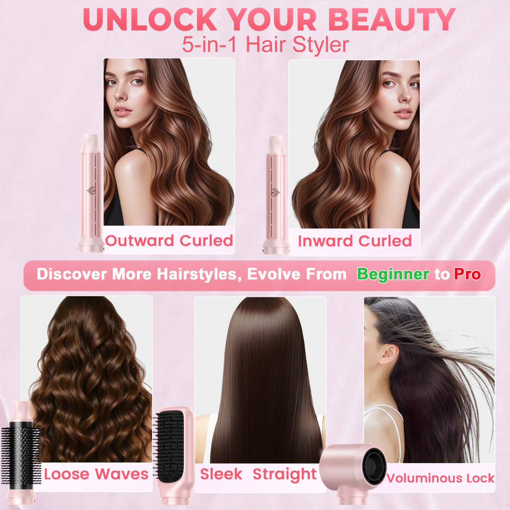 AVENHO 5 in 1 Hair Styler for Woman with LED，Air Curling Wrap, Drying, Curling, Straightening & Volumizing, Hot Air Curler Dryer Brush Tool Set, Curl Styling Tools - Rose