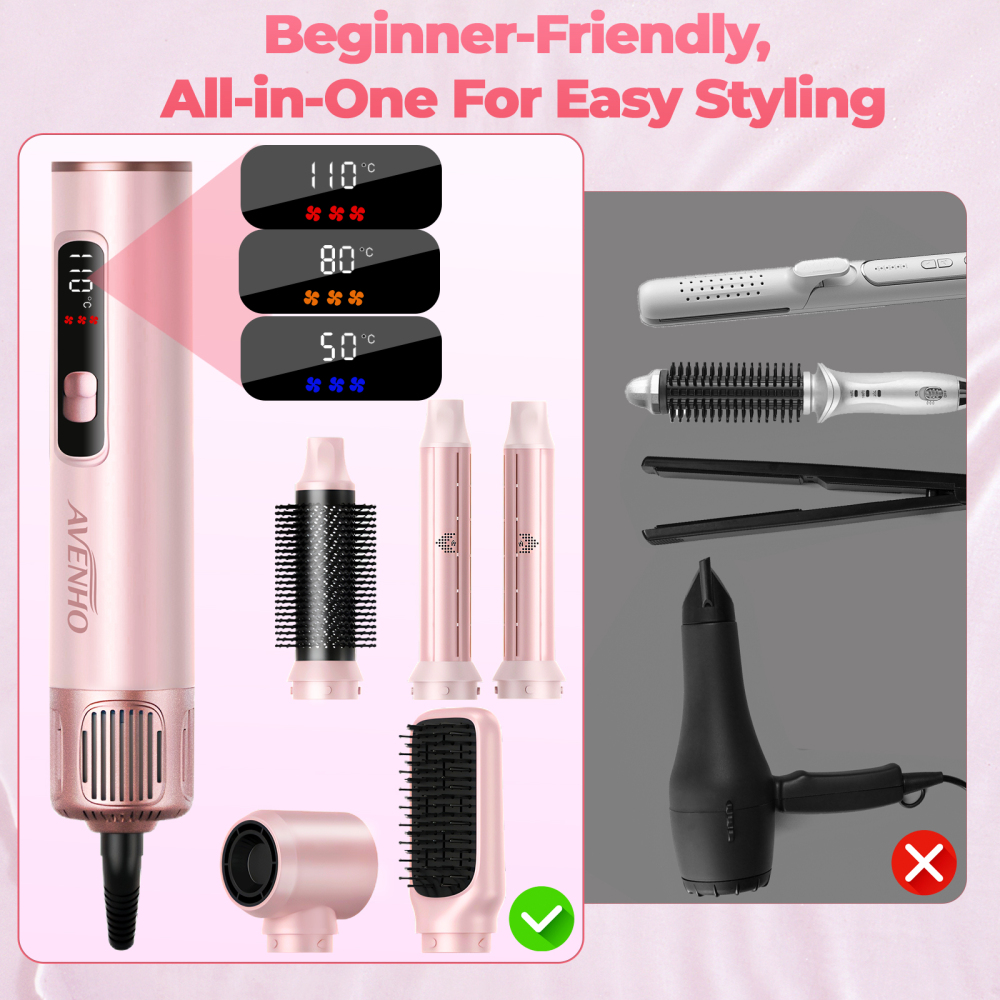 AVENHO 5 in 1 Hair Styler for Woman with LED，Air Curling Wrap, Drying, Curling, Straightening & Volumizing, Hot Air Curler Dryer Brush Tool Set, Curl Styling Tools - Rose