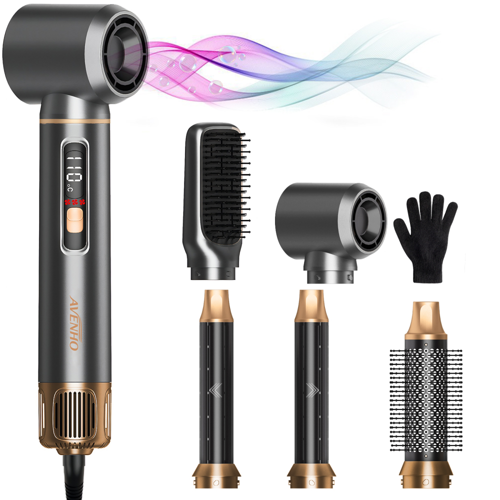AVENHO 5 in 1 Hair Styler for Woman with LED，Air Curling Wrap, Drying, Curling, Straightening & Volumizing, Hot Air Curler Dryer Brush Tool Set, Curl Styling Tools - Silver