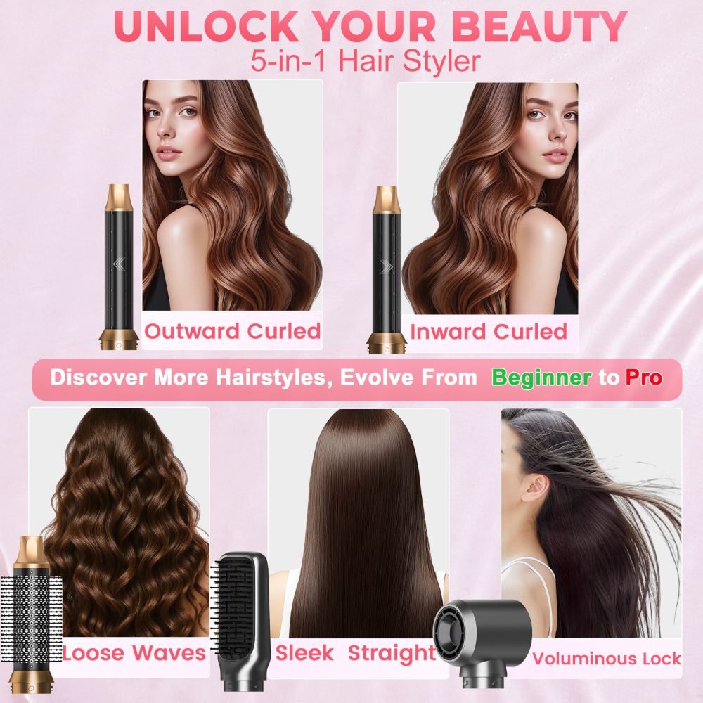 AVENHO 5 in 1 Hair Styler for Woman with LED，Air Curling Wrap, Drying, Curling, Straightening & Volumizing, Hot Air Curler Dryer Brush Tool Set, Curl Styling Tools - Silver