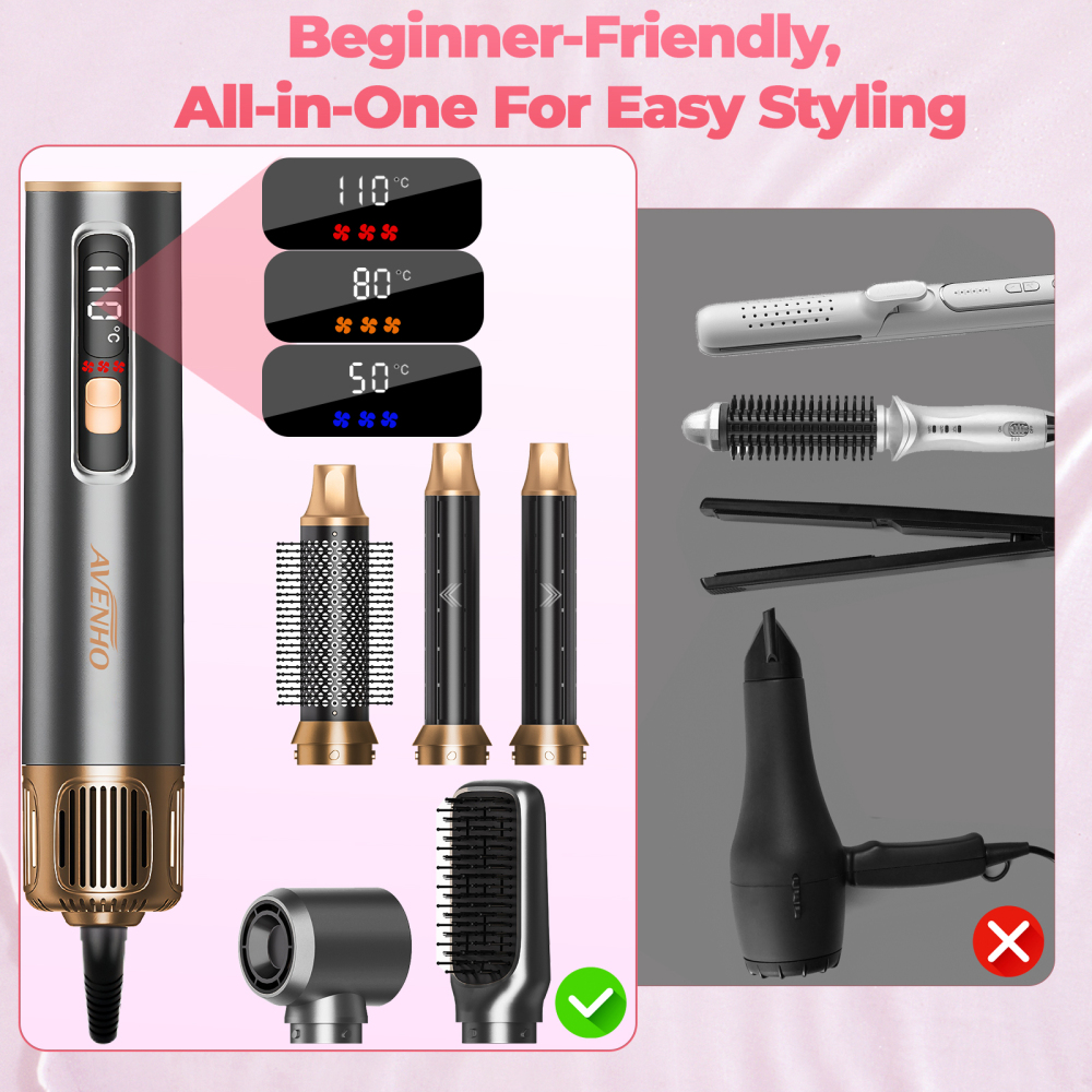 AVENHO 5 in 1 Hair Styler for Woman with LED，Air Curling Wrap, Drying, Curling, Straightening & Volumizing, Hot Air Curler Dryer Brush Tool Set, Curl Styling Tools - Silver