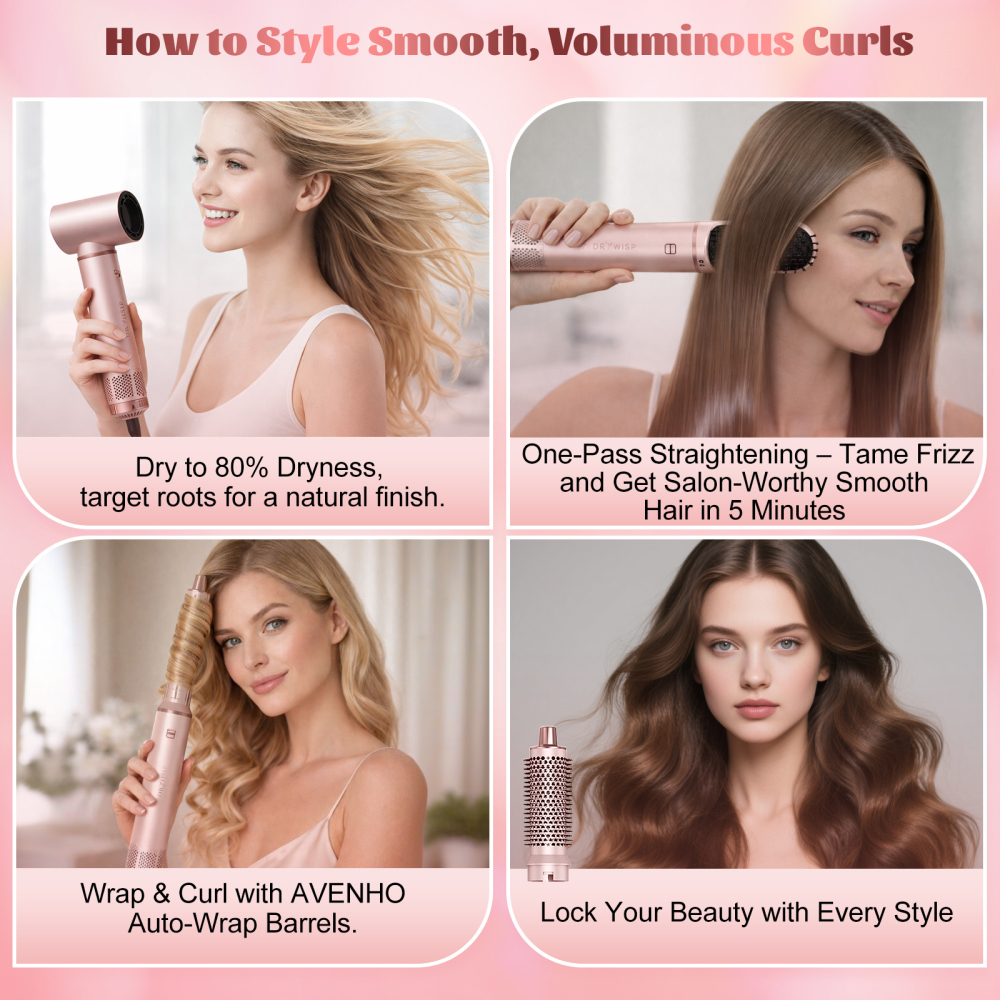 AVENHO 5 in 1 Hair Styler for Woman，Air Curling Wrap, Drying, Curling, Straightening & Volumizing, Hot Air Curler Dryer Brush Tool Set, Curl Styling Tools, Hair Styling at Home Travel - Blush