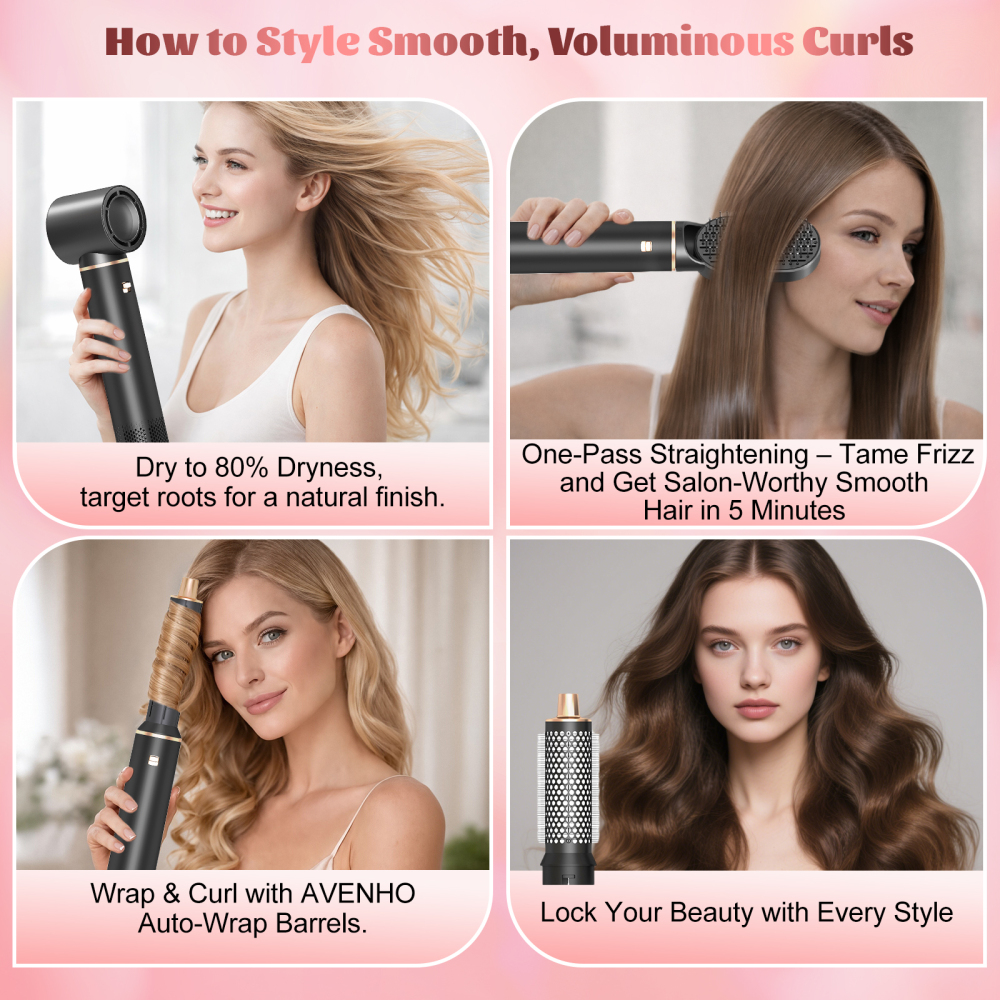 AVENHO 5 in 1 Hair Styler for Woman，Air Curling Wrap, Drying, Curling, Straightening & Volumizing, Hot Air Curler Dryer Brush Tool Set, Curl Styling Tools, Hair Styling at Home Travel - Charcoal