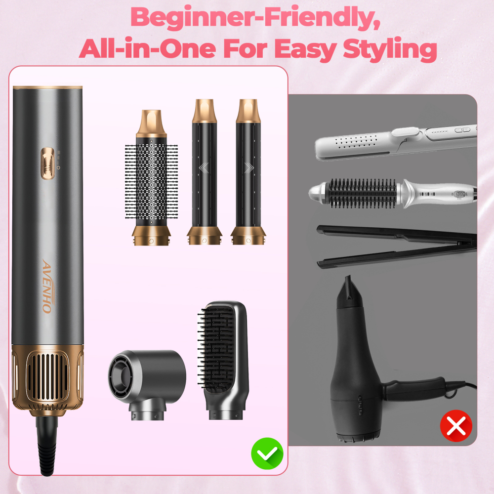 AVENHO 5 in 1 Hair Styler & Hot Air Brush - Air Curling Wrap with Negative Ion Technology, Hair Dryer Brush for Drying, Curling, Straightening & Styling, Hair Styling Tools at Home - Charcoal