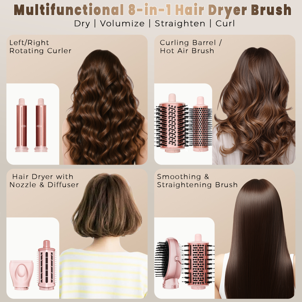 AVENHO 8 in 1 Hot Air Brush Hair Styler, High-Speed Hair Dryer Brush with Auto Wrap Curlers, Foldable Ionic Blow Dryer Brush for Fast Drying, Volumizing & Curling, Multi-Styling Tool-Blush