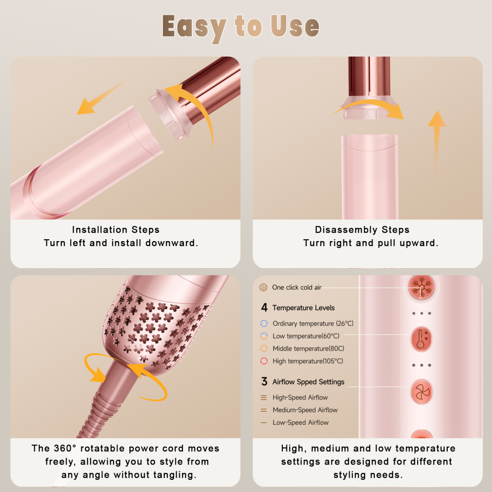 AVENHO 8 in 1 Hot Air Brush Hair Styler, High-Speed Hair Dryer Brush with Auto Wrap Curlers, Foldable Ionic Blow Dryer Brush for Fast Drying, Volumizing & Curling, Multi-Styling Tool-Blush
