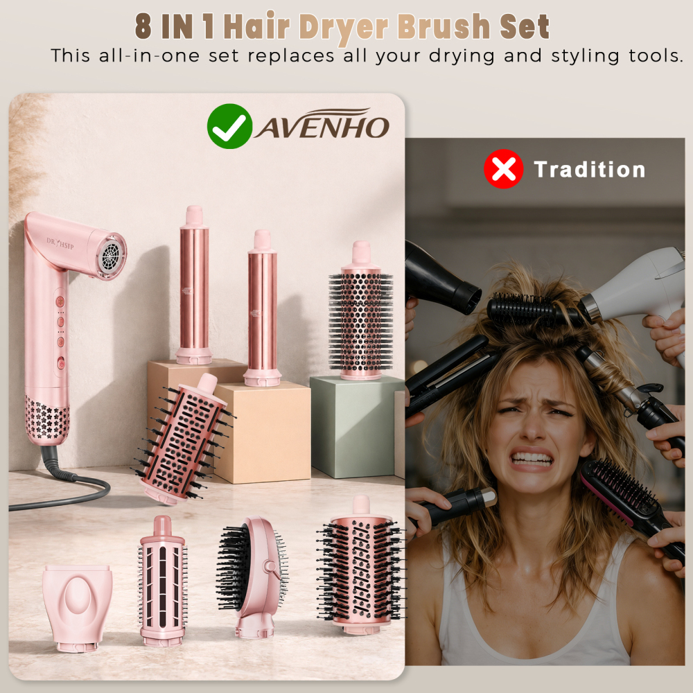 AVENHO 8 in 1 Hot Air Brush Hair Styler, High-Speed Hair Dryer Brush with Auto Wrap Curlers, Foldable Ionic Blow Dryer Brush for Fast Drying, Volumizing & Curling, Multi-Styling Tool-Blush
