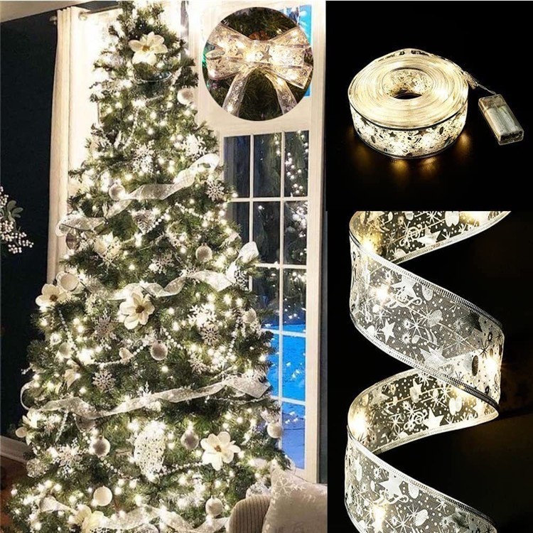 LED battery-powered gold-embossed star ribbon light string, suitable for Christmas-themed decorations and wedding arrangements,murenled,Wholesale LED string lights and Christmas-themed decorations