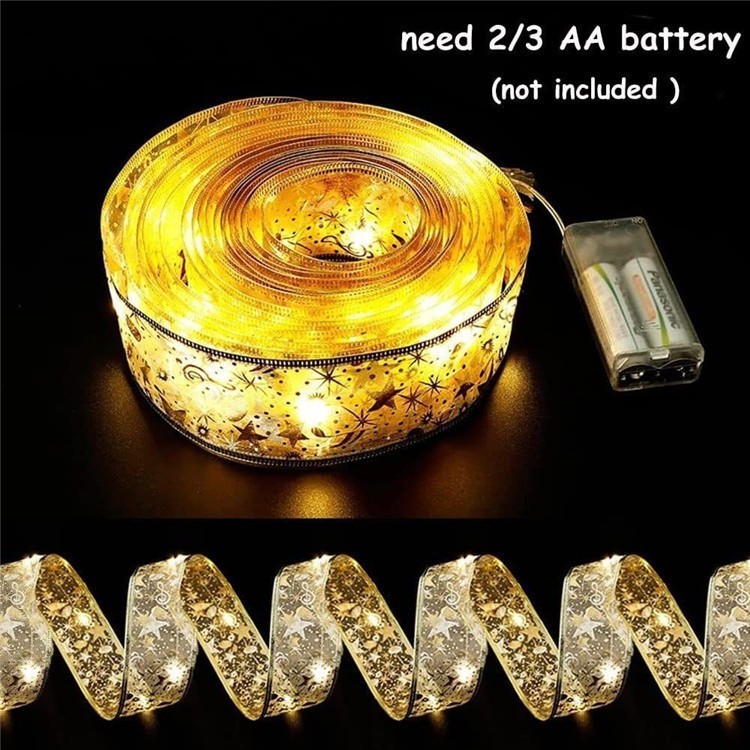 LED battery-powered gold-embossed star ribbon light string, suitable for Christmas-themed decorations and wedding arrangements,murenled,Wholesale LED string lights and Christmas-themed decorations
