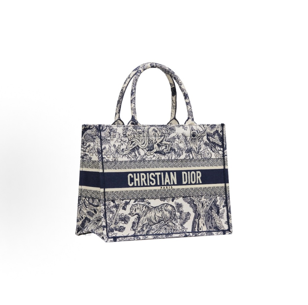 Christian Dior Canvas Embroidered Dior Animals Tiger Book Tote Deep Blue Fuchsia