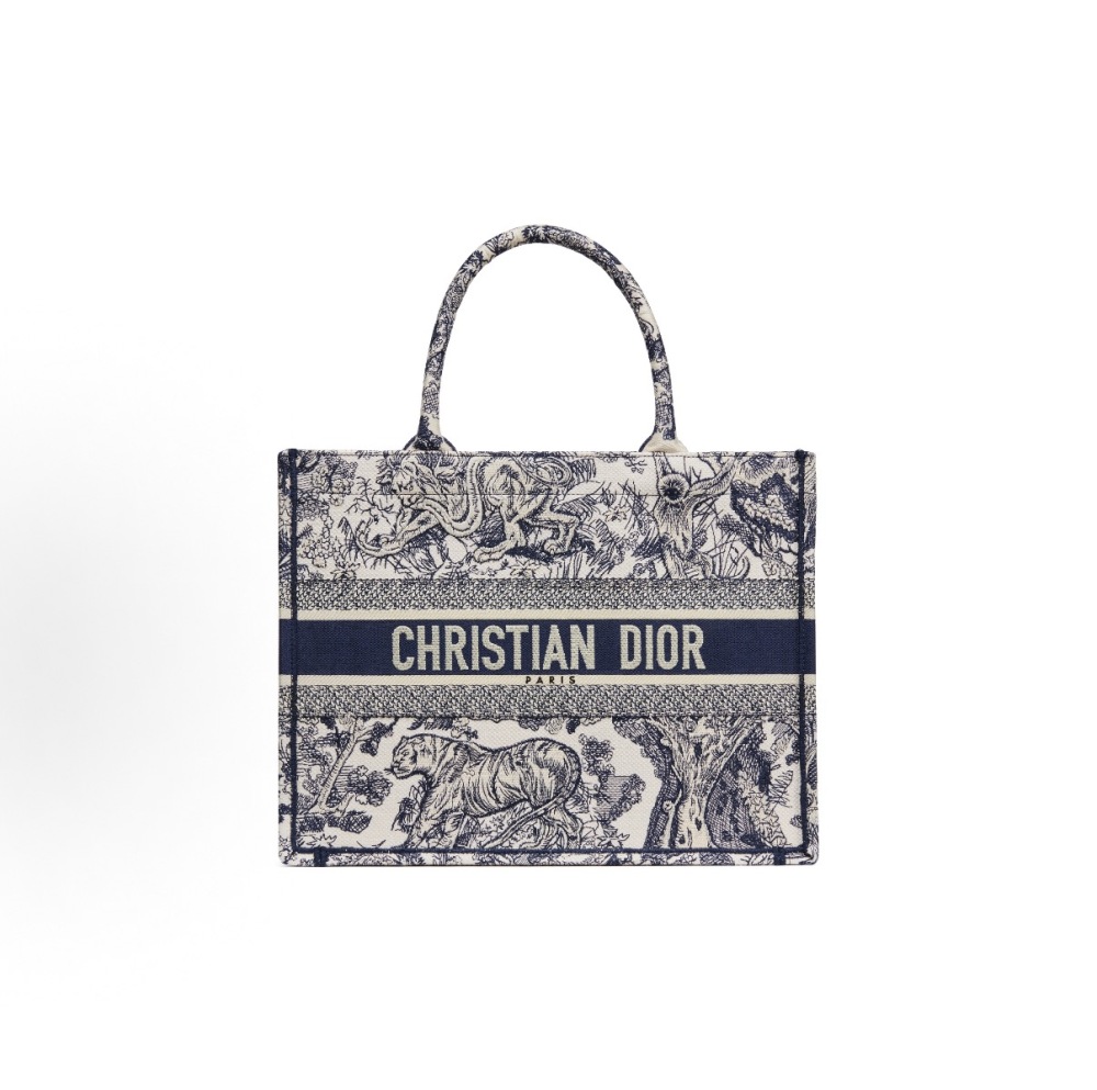 Christian Dior Canvas Embroidered Dior Animals Tiger Book Tote Deep Blue Fuchsia
