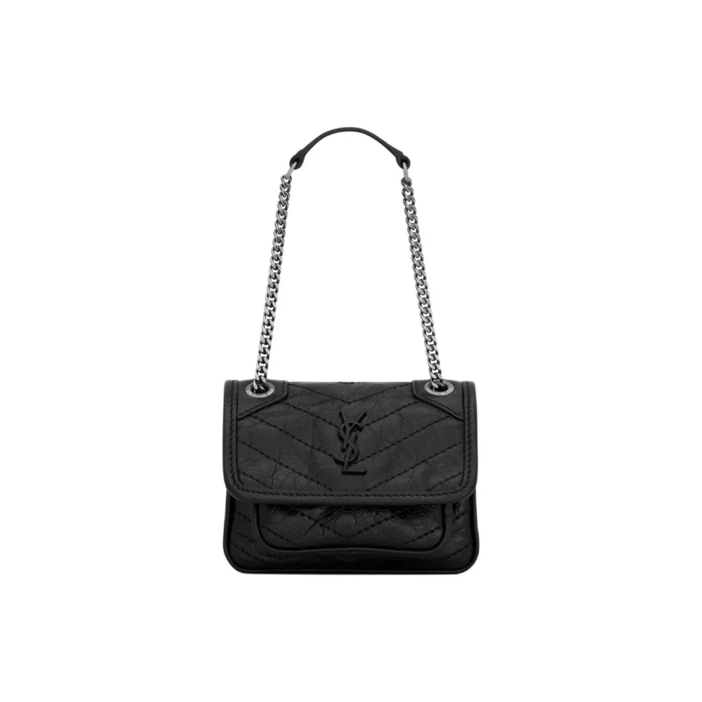 SAINT LAURENT Mini Niki Chain Bag in Black Crinkled Leather