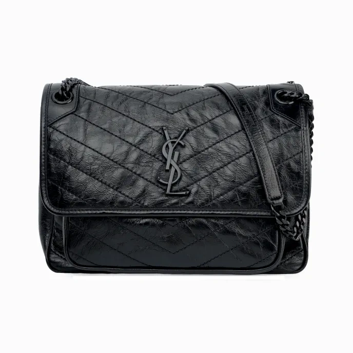 SAINT LAURENT Medium Niki Chain Bag in Black Crinkled Leather