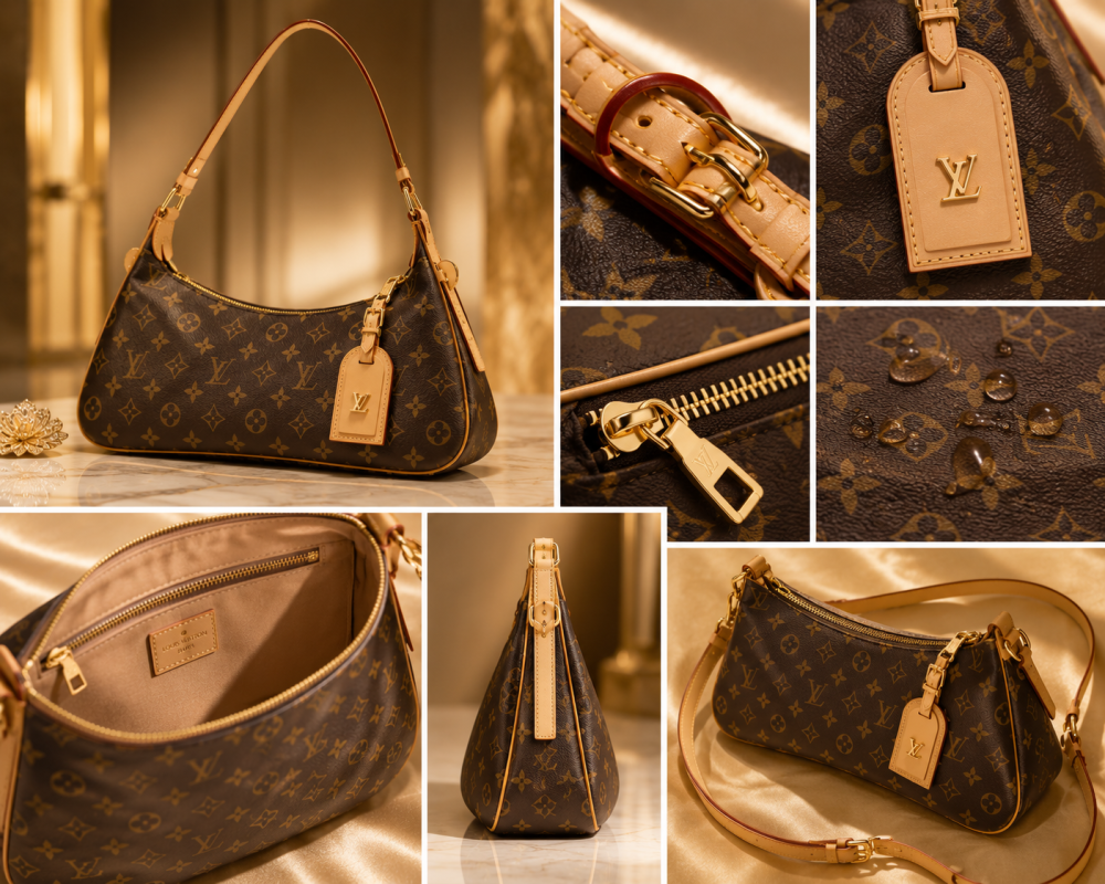 LOUIS VUITTON Women’s CarryAll East West Shoulder Bag in Brown Monogram Coated Canvas with Gold-Tone Hardware, Detachable Name Tag, and Zip Closure