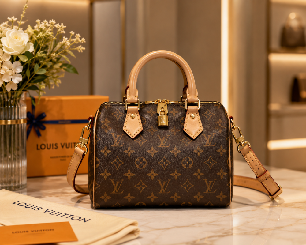 LOUIS VUITTON Women’s Speedy 20 Monogram Coated Canvas Handbag with Detachable Adjustable Shoulder Strap and Zip Closure, Brown