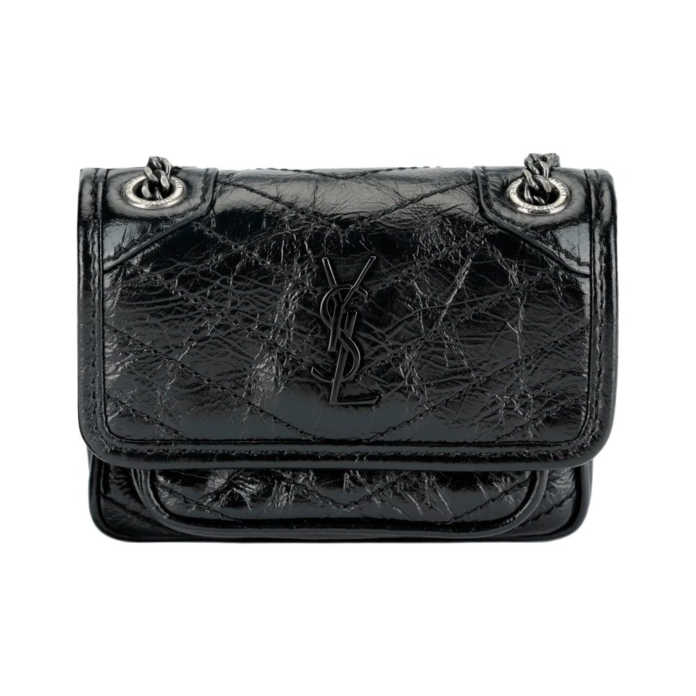 SAINT LAURENT Mini Niki Chain Bag in Black Crinkled Leather