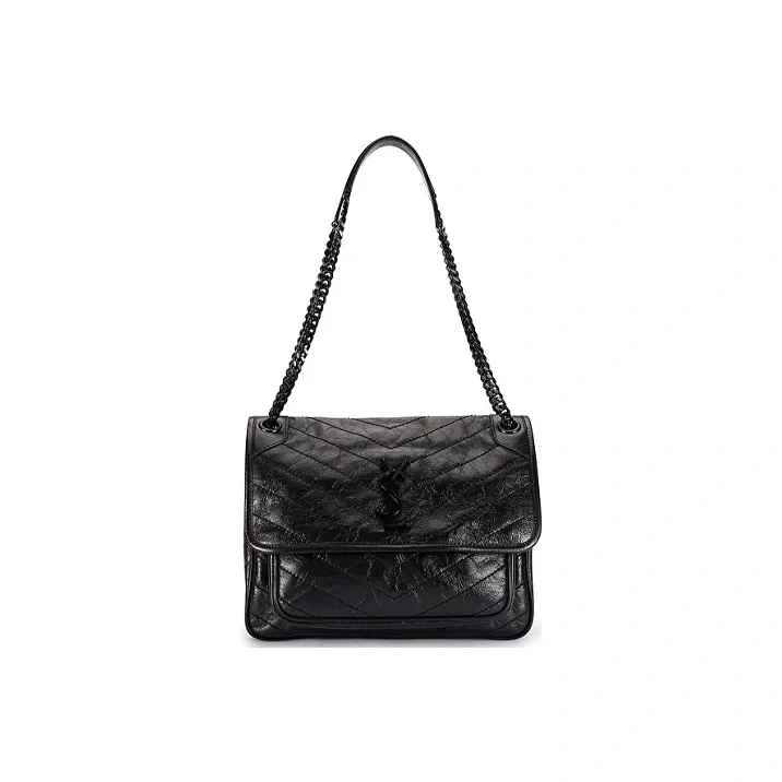 SAINT LAURENT Medium Niki Chain Bag in Black Crinkled Leather