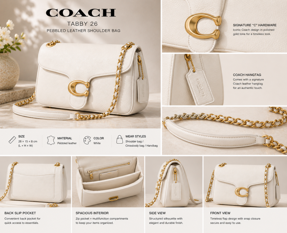 COACH Women’s Tabby 26 Shoulder Bag in White Pebbled Leather with Flap Snap Closure and Top Handle Design