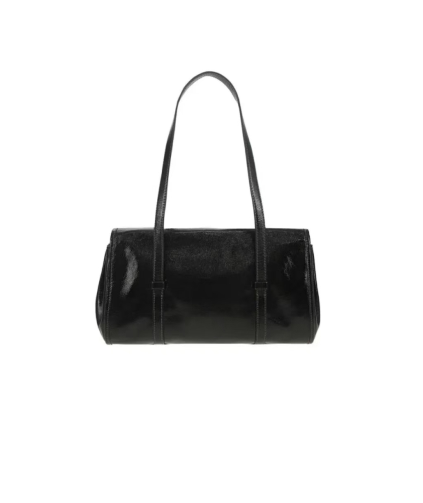 COACH Bridget 34 large black women’s shoulder bag featuring a bow accent, classic gold-tone logo, and smooth pebbled leather.