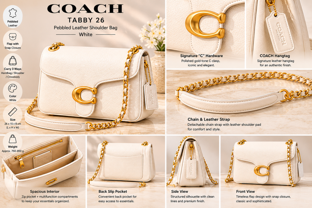COACH Women’s Tabby  Shoulder Bag in White Pebbled Leather with Flap Snap Closure and Top Handle Design