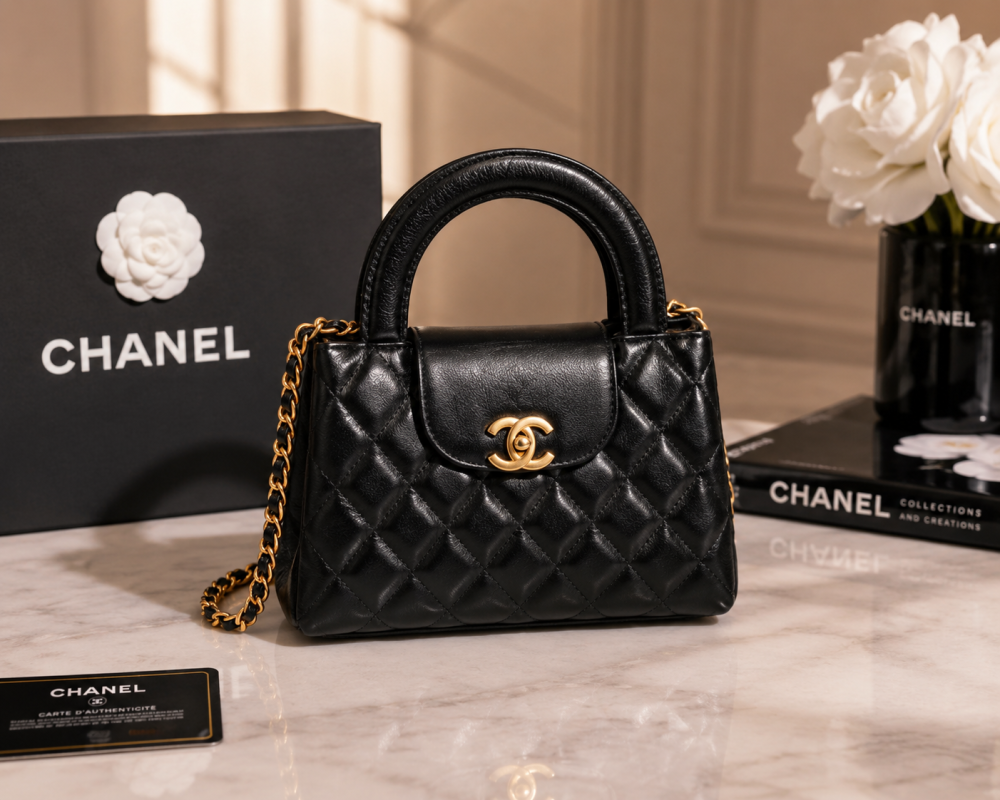 CHANEL Mini Kelly Top Handle Bag in Black Quilted Lambskin