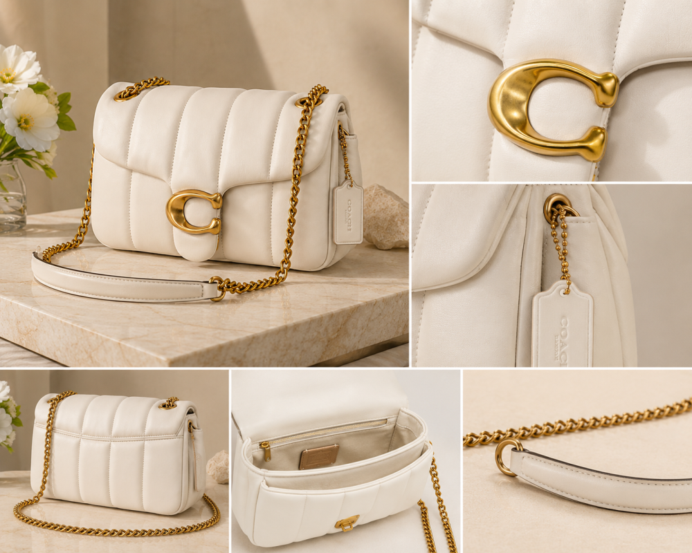 COACH Women’s Tabby 20 Quilted Pillow Bag in Chalk White, Crafted from Nappa Leather with Signature Chain Closure and Flap Shoulder Design