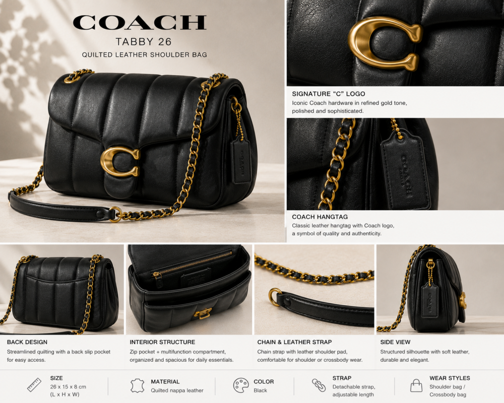 COACH Women’s Tabby 26 Quilted Nappa Leather Shoulder Bag with Signature Logo Hardware, Medium Size, Black