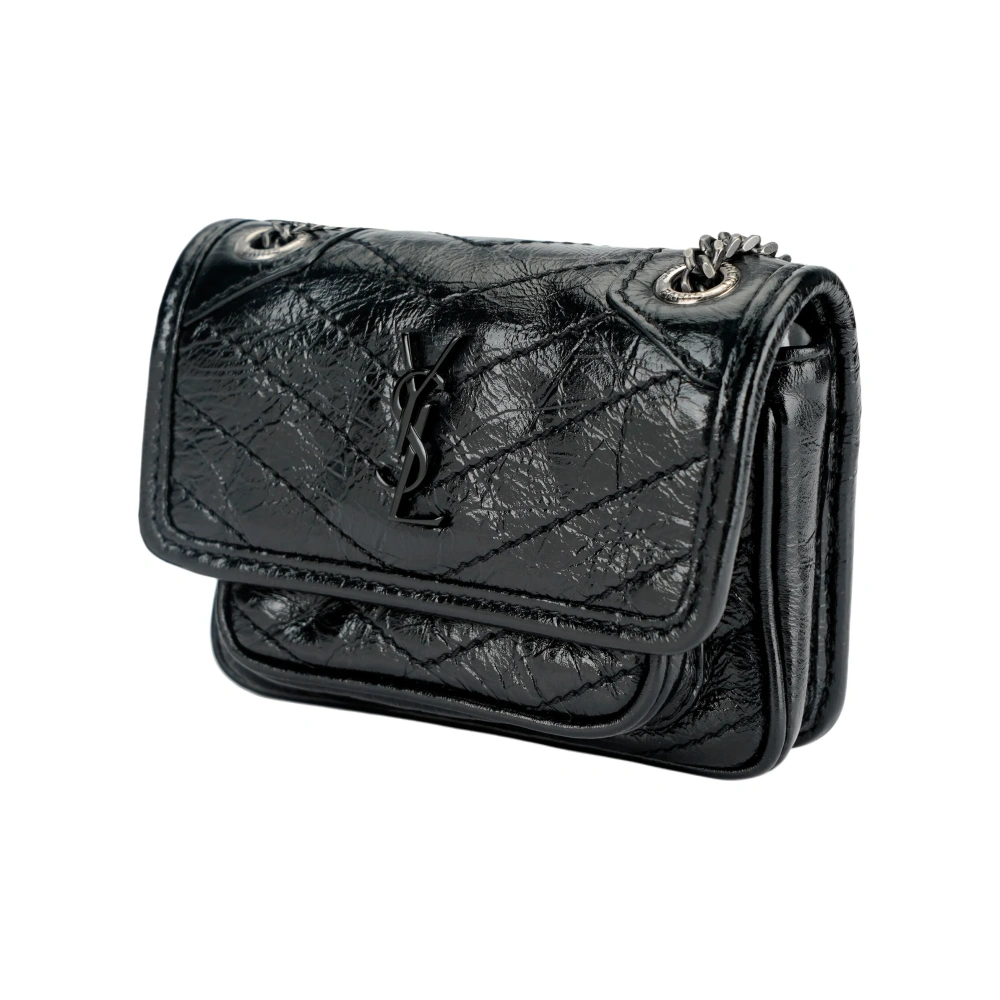 SAINT LAURENT Mini Niki Chain Bag in Black Crinkled Leather