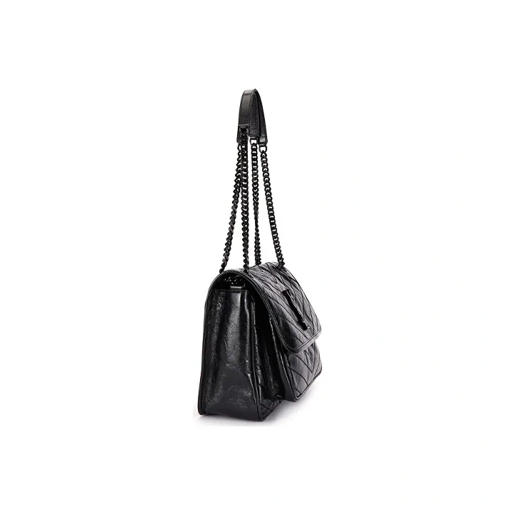 SAINT LAURENT Medium Niki Chain Bag in Black Crinkled Leather