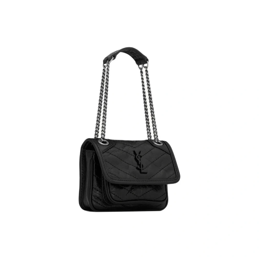 SAINT LAURENT Mini Niki Chain Bag in Black Crinkled Leather