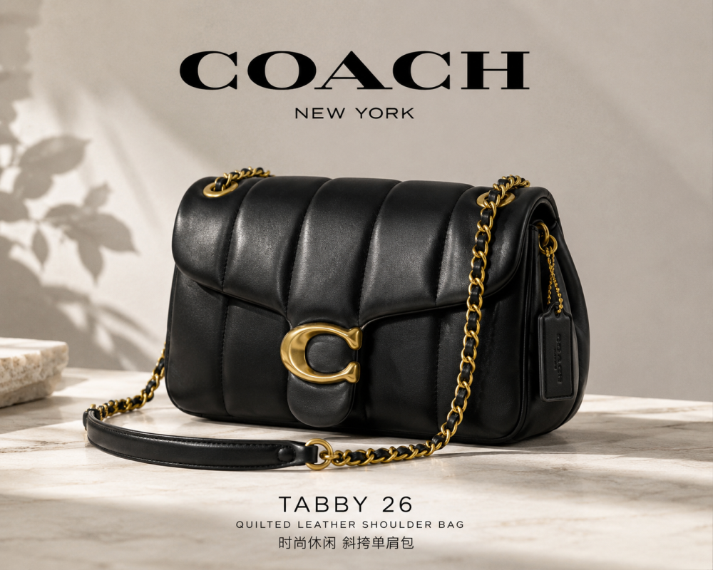 COACH Women’s Tabby 26 Quilted Nappa Leather Shoulder Bag with Signature Logo Hardware, Medium Size, Black