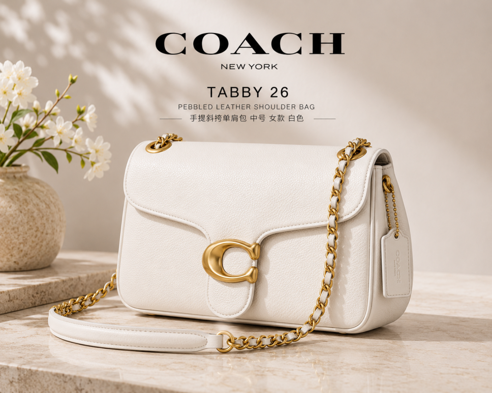 COACH Women’s Tabby  Shoulder Bag in White Pebbled Leather with Flap Snap Closure and Top Handle Design