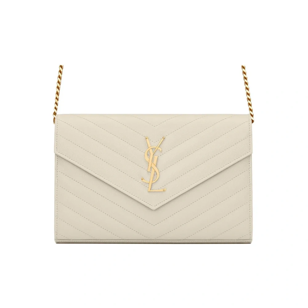 SAINT LAURENT Envelope Chain Wallet in Cream Quilted Leather