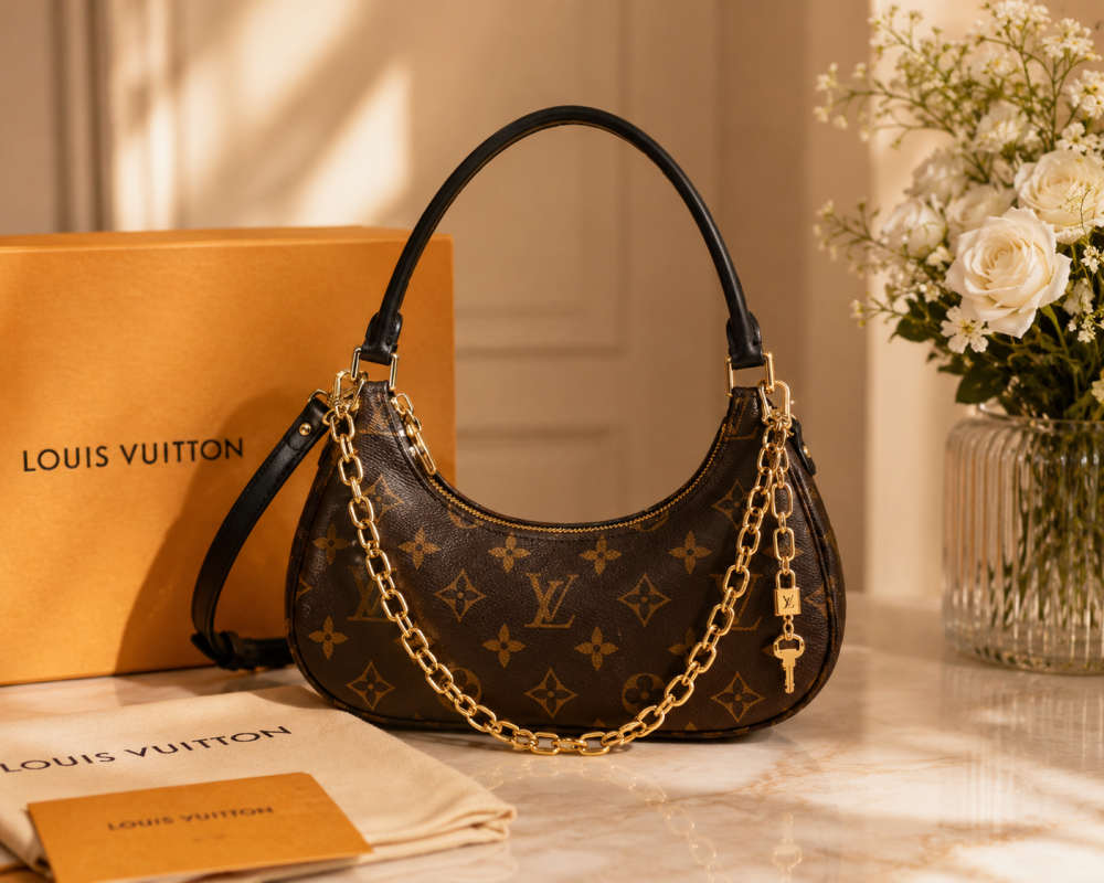 LOUIS VUITTON Women’s Catchy PM Handbag in Brown Monogram Coated Canvas with Cowhide Leather Trim and Gold-Tone Hardware