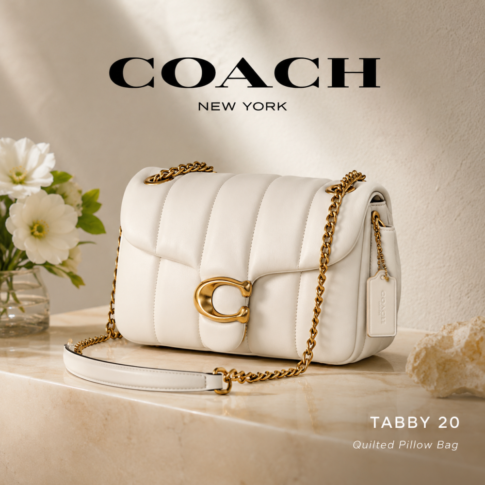 COACH Women’s Tabby 20 Quilted Pillow Bag in Chalk White, Crafted from Nappa Leather with Signature Chain Closure and Flap Shoulder Design