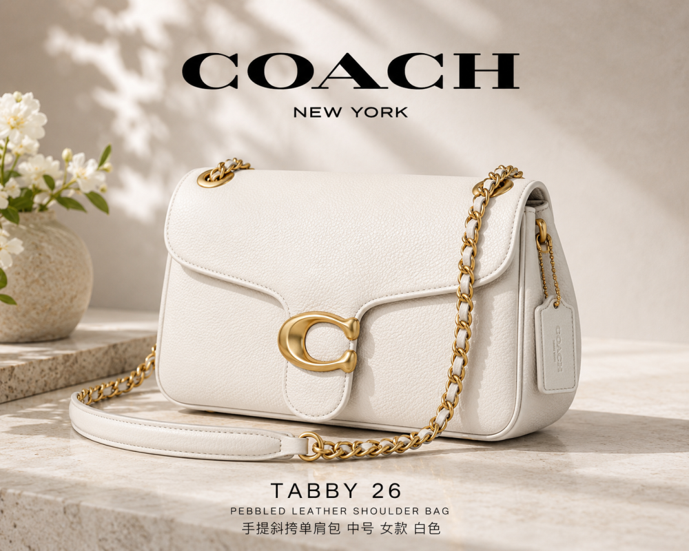 COACH Women’s Tabby 26 Shoulder Bag in White Pebbled Leather with Flap Snap Closure and Top Handle Design