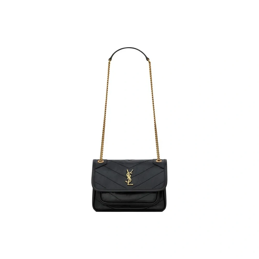 SAINT LAURENT Mini Niki Chain Bag in Black Crinkled Leather