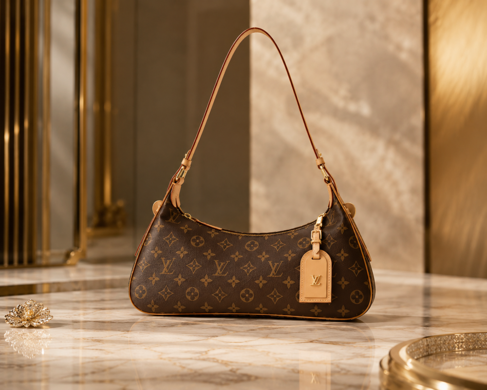LOUIS VUITTON Women’s CarryAll East West Shoulder Bag in Brown Monogram Coated Canvas with Gold-Tone Hardware, Detachable Name Tag, and Zip Closure