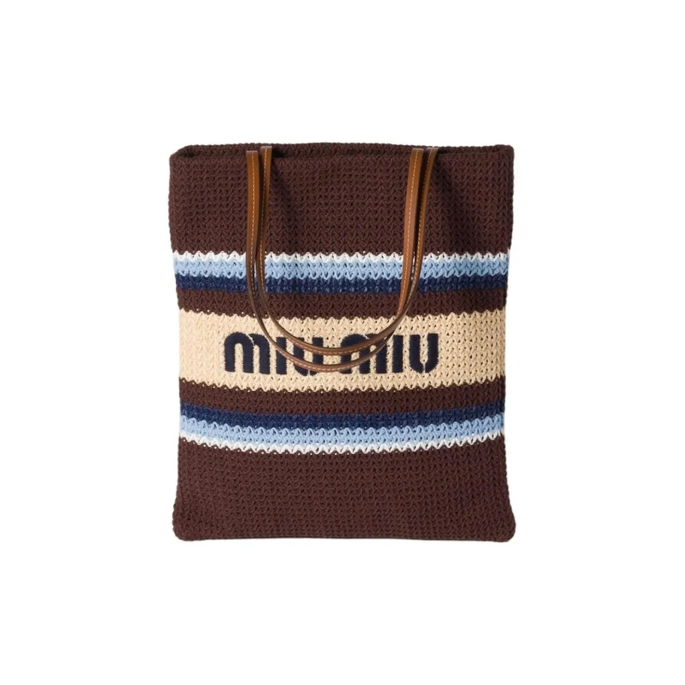 MIU MIU Raffia Embroidered Logo Cotton Tote Shoulder Bag