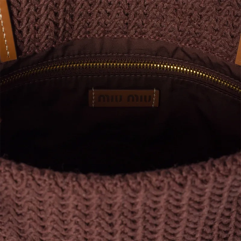 MIU MIU Raffia Embroidered Logo Cotton Tote Shoulder Bag