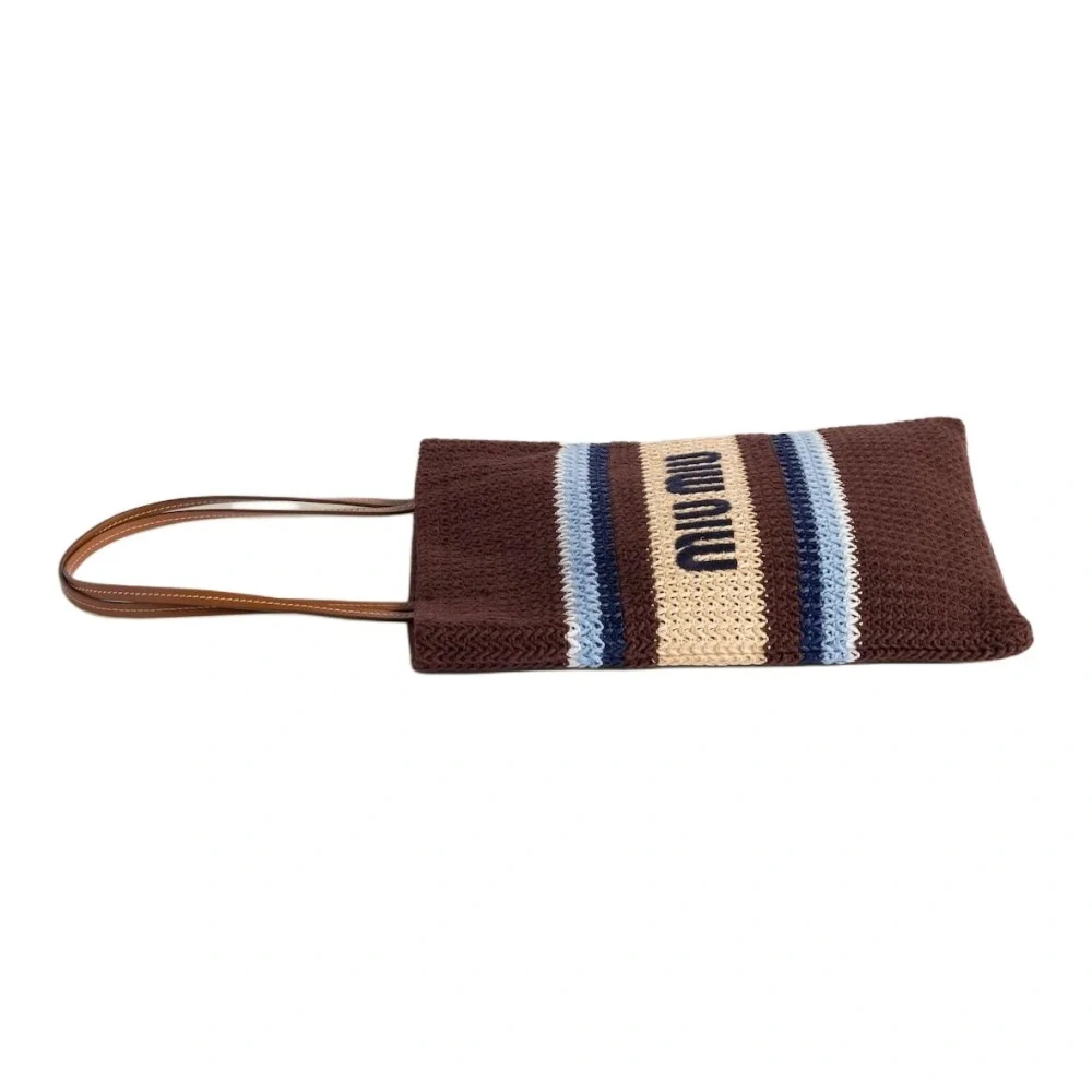 MIU MIU Raffia Embroidered Logo Cotton Tote Shoulder Bag