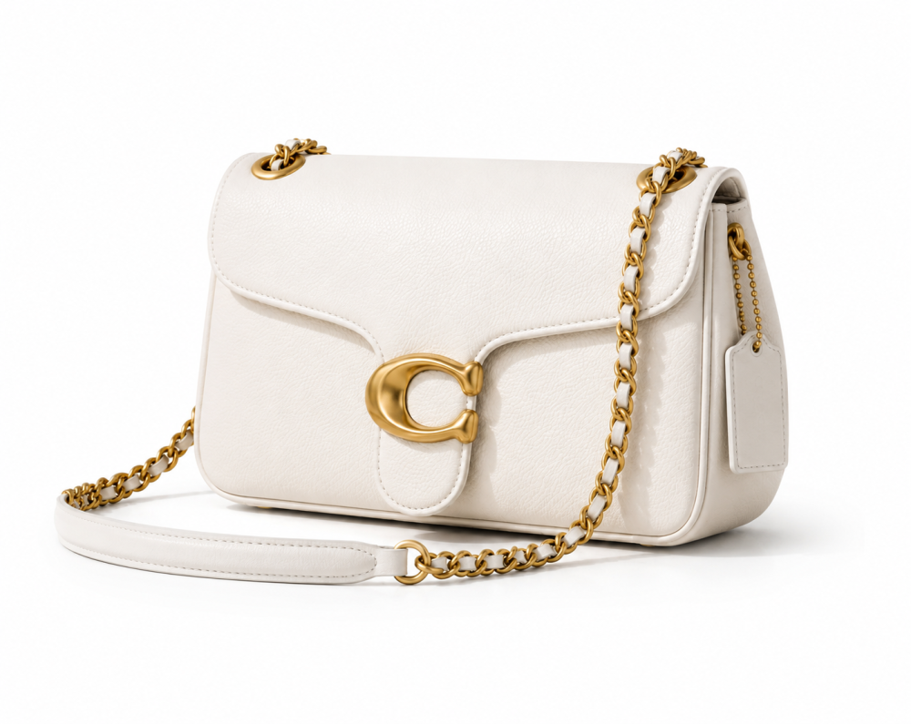 COACH Women’s Tabby  Shoulder Bag in White Pebbled Leather with Flap Snap Closure and Top Handle Design