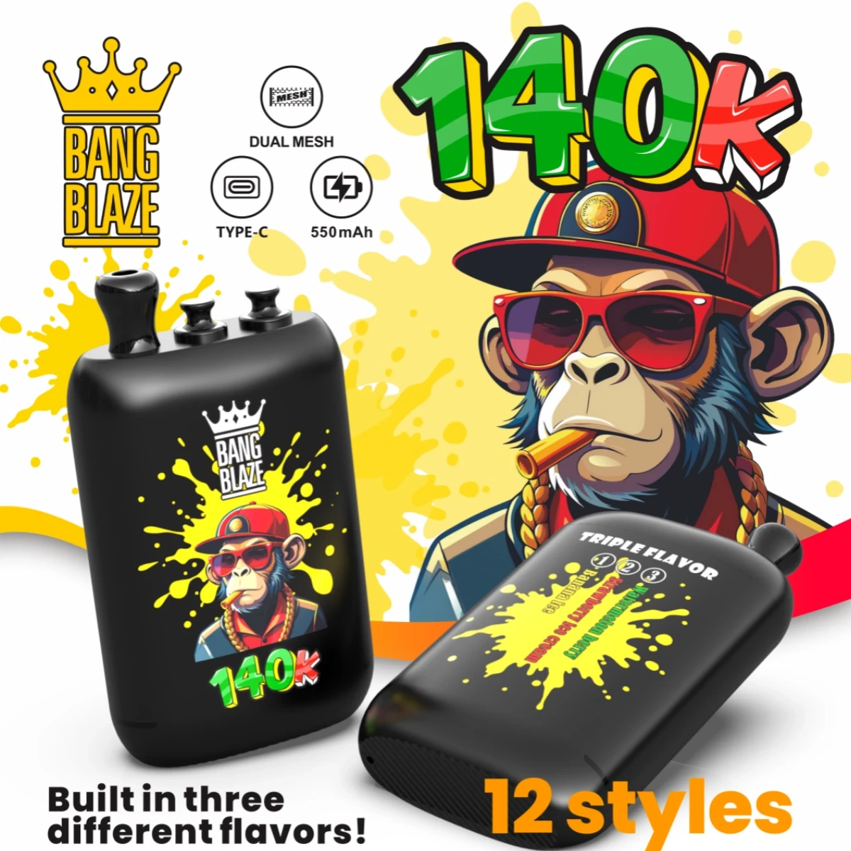 Bang Blaze 140K puffs 3-in-1 disposable vape Banana Ice flavor combination (with Strawberry Ice Cream and Watermelon Berry) with product specifications.