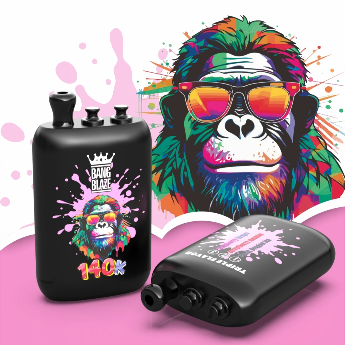 Bang Blaze 140K puffs 3-in-1 disposable vape Black Dragon Ice flavor combination (with Strawberry Mamba and Raspberry Grape) in advertising creative visual.