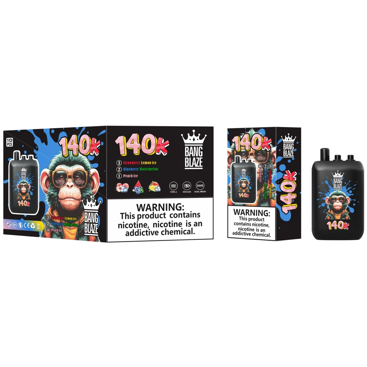 Bang Blaze 140K puffs 3-in-1 disposable vape Peach Ice flavor combination (with Blueberry Watermelon and Strawberry Lemon Ice) alongside a 10-pack medium box.
